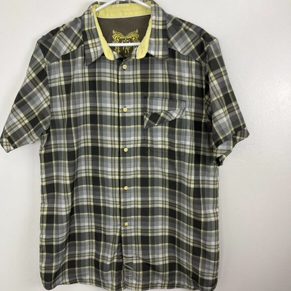 Prana Yellow & Brown Plaid Short Sleeve Shirt with Embroidery Design - Picture 5 of 11